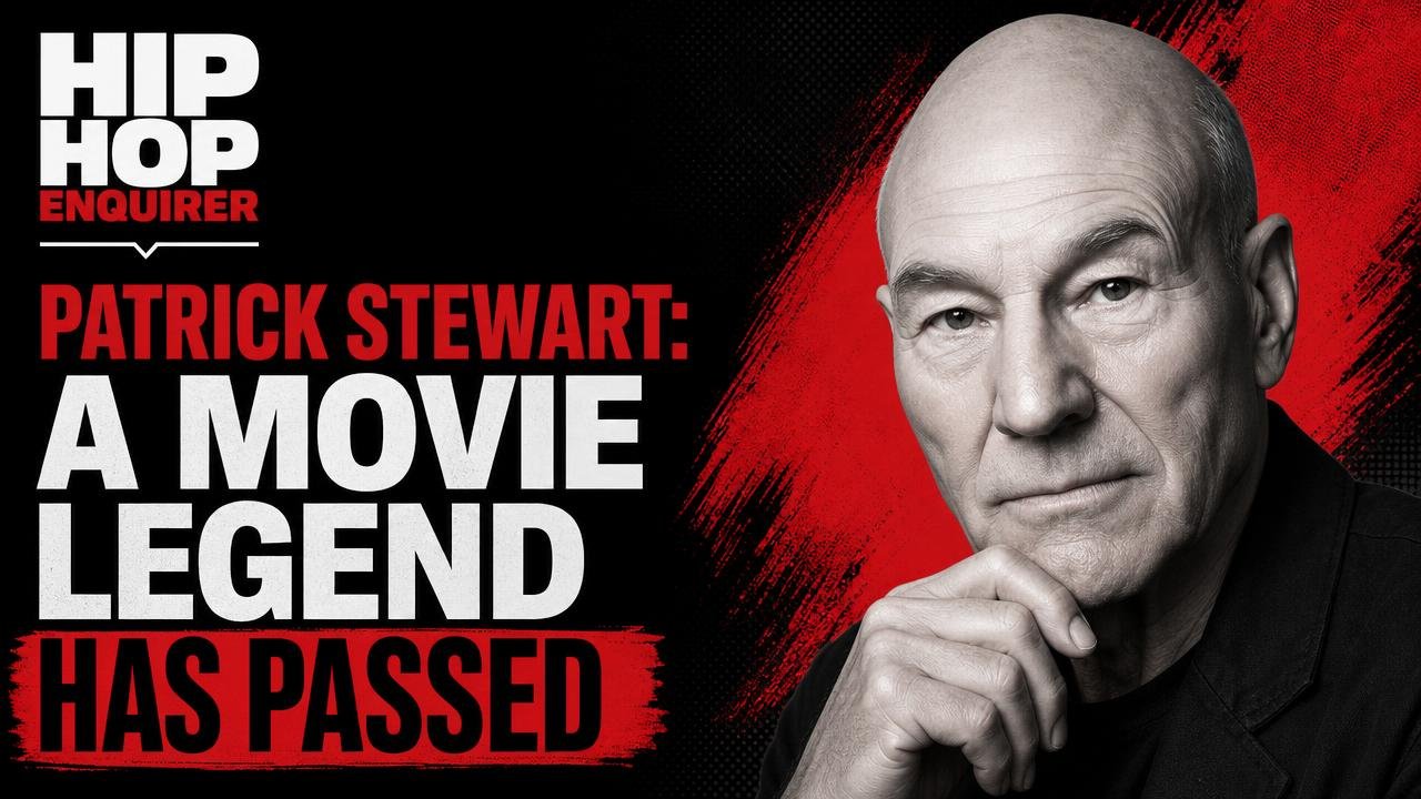 Create a thumbnail of Sir Patrick Stewart with the caption "Patrick Stewart: A Movie Legend Has Passed"