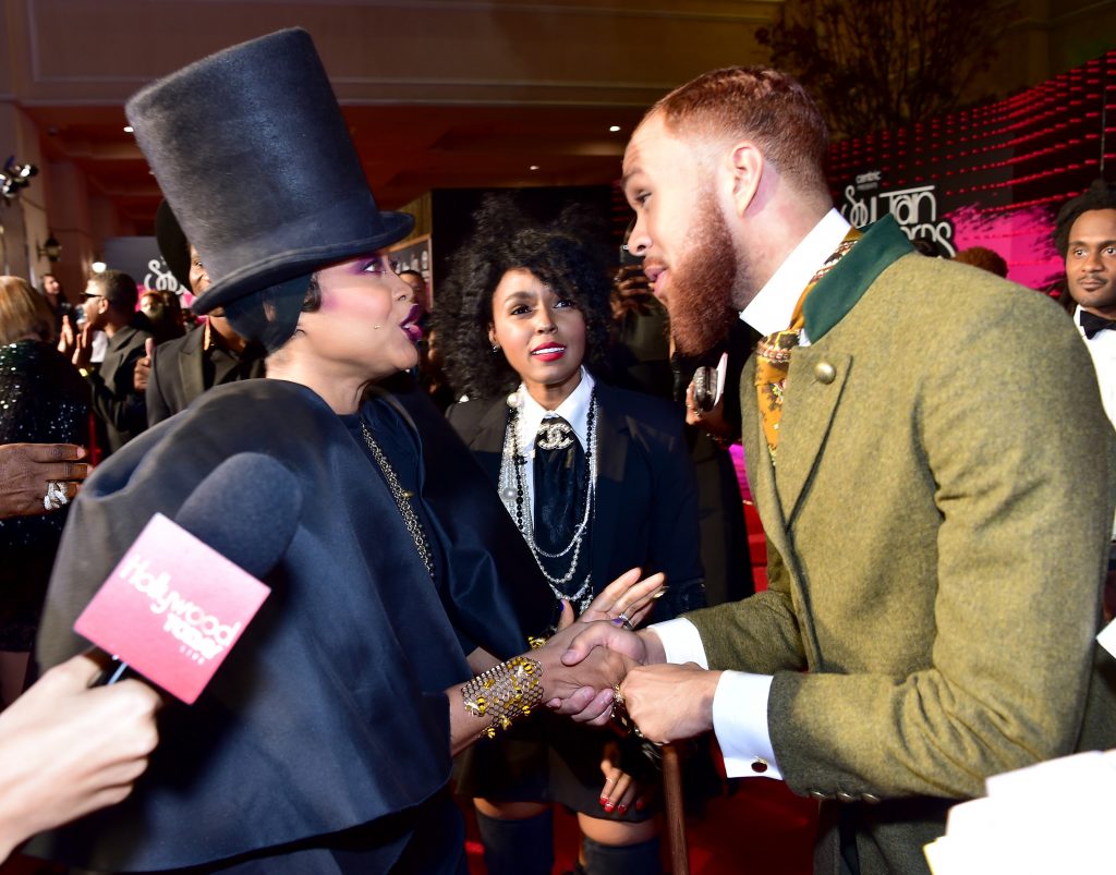 LAS VEGAS, NV - NOVEMBER 06: (L-R) Host Erykah Badu, recording artist Janelle Monae and recording artist Jidenna attend the 2015 Soul Train Music Awards at the Orleans Arena on November 6, 2015 in Las Vegas, Nevada. (Photo by Paras Griffin/BET/Getty Images for BET)